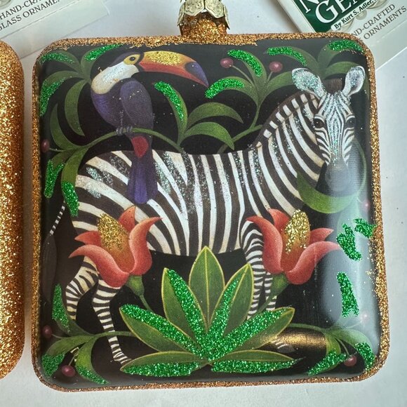 Two 3.5" Square Kurt S Adler Noble Gems Safari Lion & Zebra Glass Ornaments - Picture 3 of 5
